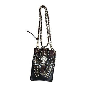 Western Style Black & Brown Butterfly Rhinestone Crossbody Bag With Chain Strap